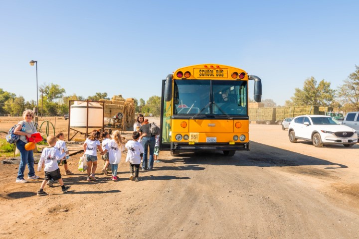 A School Bus picking up students from the pumpkin patch.