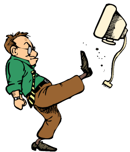 Graphic of a man kicking a computer